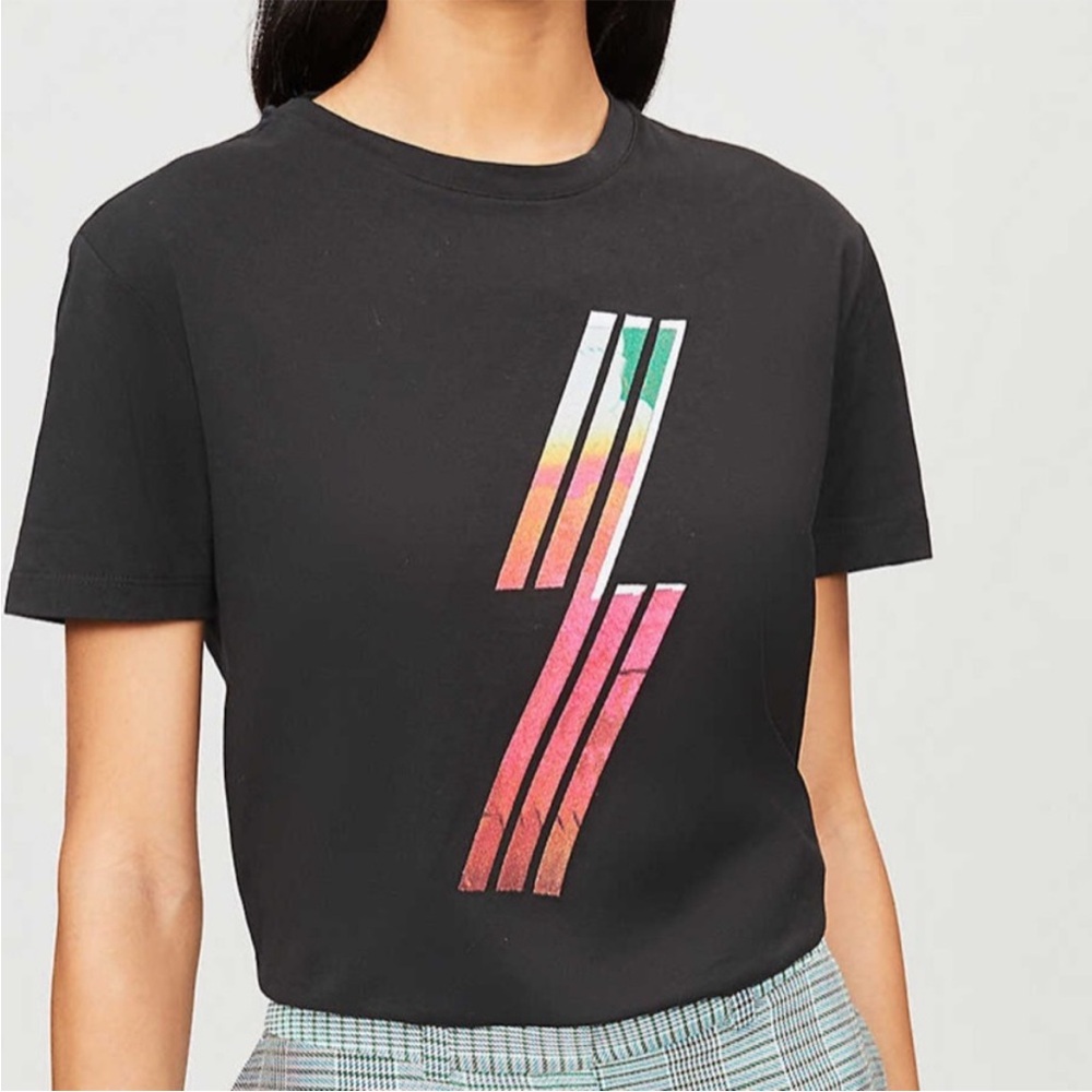 Maje Black Short Sleeve Tee with Diagonal Stripes